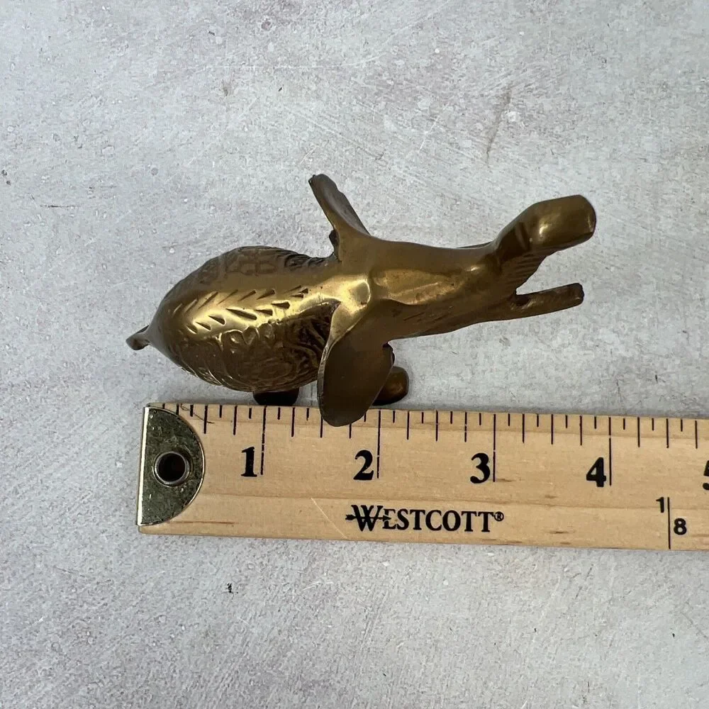 Vintage Small Solid Brass Elephant Raised Trunk Embossed Ornate‎ MCM Figurine